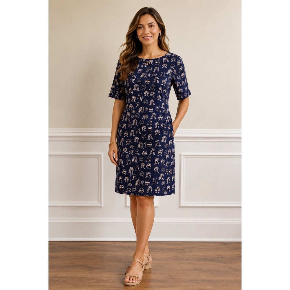 Boden Iona Navy Button Detail Cotton Blend Chit Chat Dress Size 4L Novelty